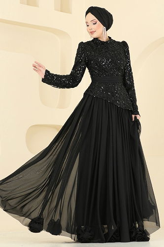 moda selvim SUAL Kuşak Detaylı Abiye 5452DMNK1166 Siyah - Thumbnail