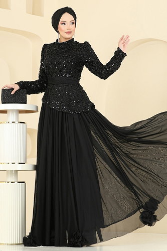 moda selvim SUAL Kuşak Detaylı Abiye 5452DMNK1166 Siyah - Thumbnail