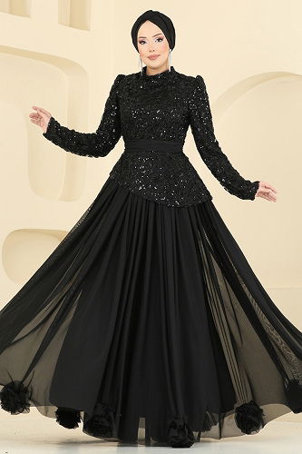 moda selvim SUAL Kuşak Detaylı Abiye 5452DMNK1166 Siyah - Thumbnail