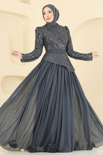 moda selvim SUAL Kuşak Detaylı Abiye Takım 5452DMNK1166 Antrasit - Thumbnail