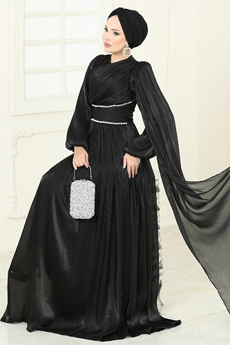 moda selvim SUAL Kuşak Görünümlü Organze Abiye 5302DMNK1166 Siyah - Thumbnail