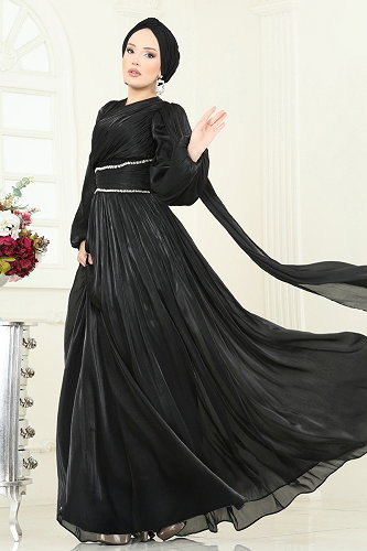 moda selvim SUAL Kuşak Görünümlü Organze Abiye 5302DMNK1166 Siyah - Thumbnail