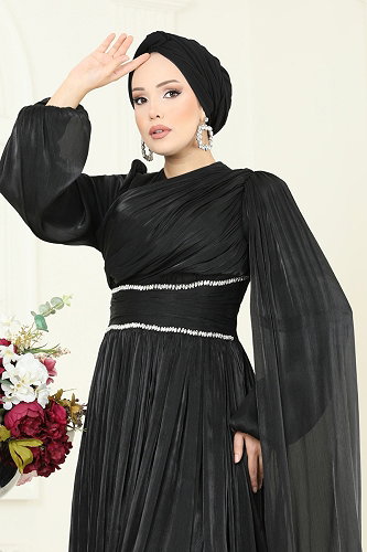 moda selvim SUAL Kuşak Görünümlü Organze Abiye 5302DMNK1166 Siyah - Thumbnail