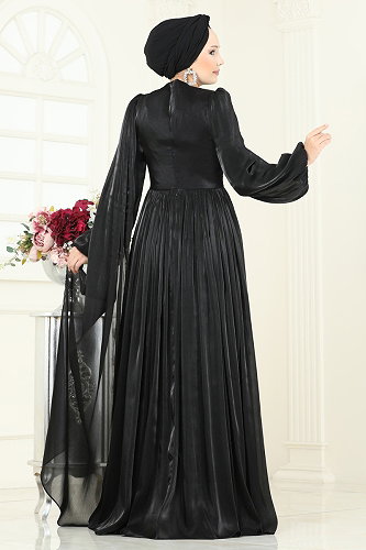 moda selvim SUAL Kuşak Görünümlü Organze Abiye 5302DMNK1166 Siyah - Thumbnail