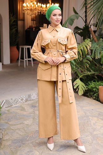 moda selvim SUAL Kuşgözü Detaylı Tensel Takım 4212MGZ859 Latte - Thumbnail