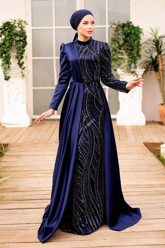 moda selvim SUAL Kuyruklu Saten Abiye 4495D170 Laci - Thumbnail