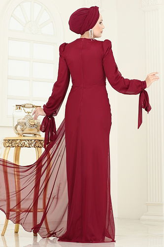 moda selvim SUAL Manşeti Bağlamalı Şifon Abiye 5349DMNK1166 Bordo - Thumbnail