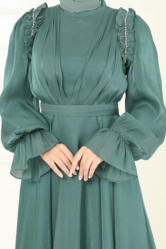 moda selvim SUAL Omuzu Fırfır Detaylı Abiye 5287D170 Çağla - Thumbnail