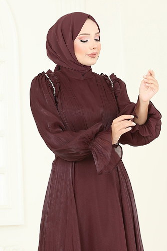 moda selvim SUAL Omuzu Fırfır Detaylı Abiye 5287D170 Kahve - Thumbnail