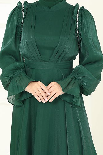 moda selvim SUAL Omuzu Fırfır Detaylı Abiye 5287D170 Zümrüt - Thumbnail