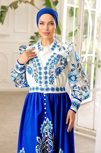 moda selvim SUAL Omuzu Fırfırlı Atlas Elbise 2392JNF844 Saks - Thumbnail