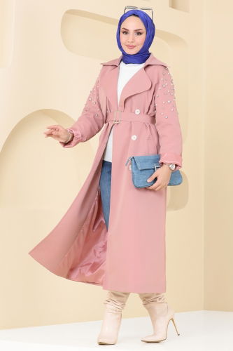 moda selvim SUAL Omzu Taşlı Trençkot 4629MDH809 Pembe - Thumbnail