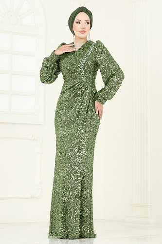 moda selvim SUAL Önü Drape Detaylı Abiye 5238D170 Haki - Thumbnail