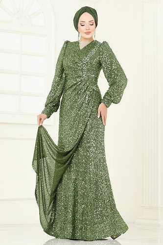 moda selvim SUAL Önü Drape Detaylı Abiye 5238D170 Haki - Thumbnail
