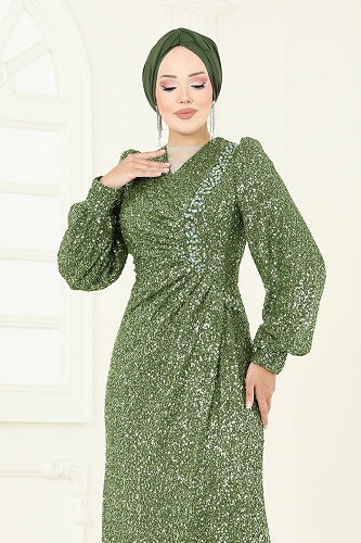 moda selvim SUAL Önü Drape Detaylı Abiye 5238D170 Haki - Thumbnail