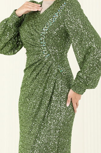 moda selvim SUAL Önü Drape Detaylı Abiye 5238D170 Haki - Thumbnail