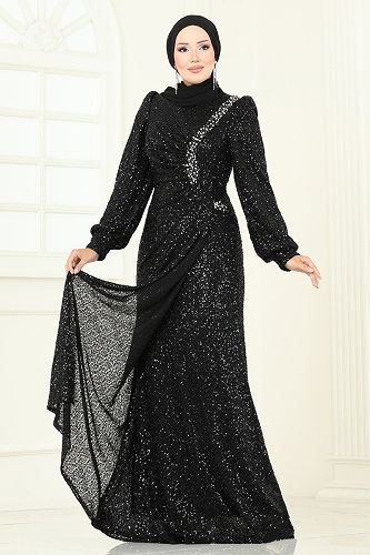 moda selvim SUAL Önü Drape Detaylı Abiye 5238D170 Siyah - Thumbnail