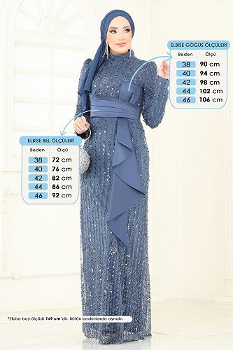 moda selvim SUAL Önü Drapeli Abiye 4884D170 İndigo - Thumbnail