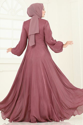 moda selvim SUAL Önü Drapeli Şifon Abiye 5286D170 Gül Kurusu - Thumbnail