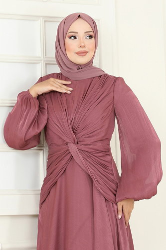 moda selvim SUAL Önü Drapeli Şifon Abiye 5286D170 Gül Kurusu - Thumbnail