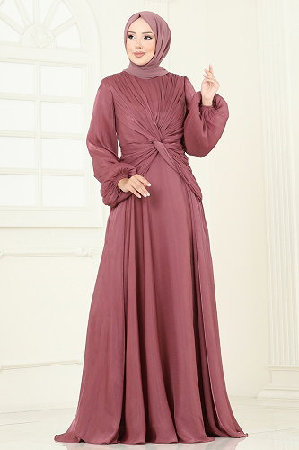 moda selvim SUAL Önü Drapeli Şifon Abiye 5286D170 Gül Kurusu - Thumbnail