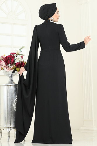 moda selvim SUAL Önü Drapeli Taşlı Abiye 5467DMNK1166 Siyah - Thumbnail