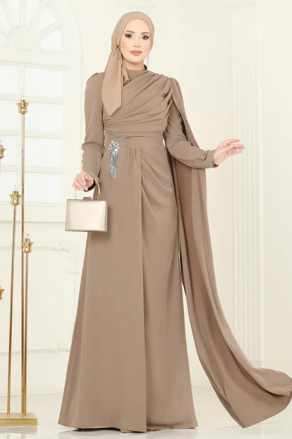 Modaselvim SUAL SUAL Önü Drapeli Taşlı Abiye 5467DMNK1166 Sütlü Kahve