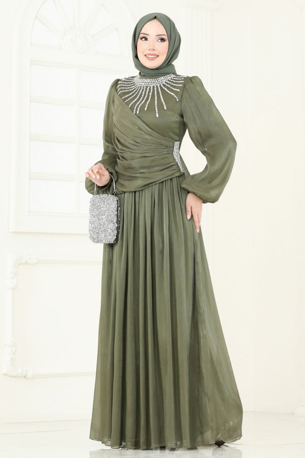 Modaselvim SUAL SUAL Önü Taşlı Organze Abiye 6238LPN858 Haki