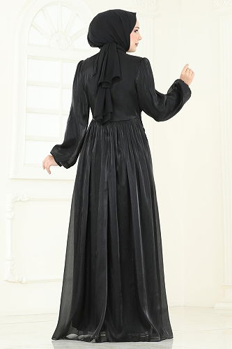 moda selvim SUAL Önü Taşlı Organze Abiye 6238LPN858 Siyah - Thumbnail