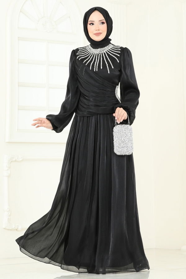 Modaselvim SUAL SUAL Önü Taşlı Organze Abiye 6238LPN858 Siyah