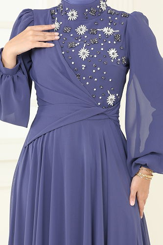 moda selvim SUAL Önü Taşlı Şifon Abiye 4923SRH861 İndigo - Thumbnail