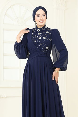 moda selvim SUAL Önü Taşlı Şifon Abiye 4923SRH861 Laci - Thumbnail