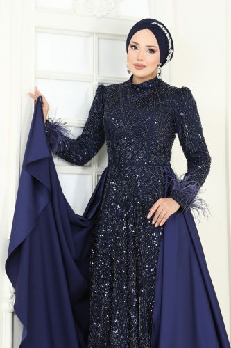 moda selvim SUAL Otriş Detay Tesettür Abiye 5253D170 Laci - Thumbnail