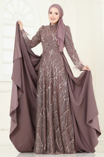 moda selvim SUAL Otriş Detay Tesettür Abiye 5253D170 Pudra Vizyon - Thumbnail