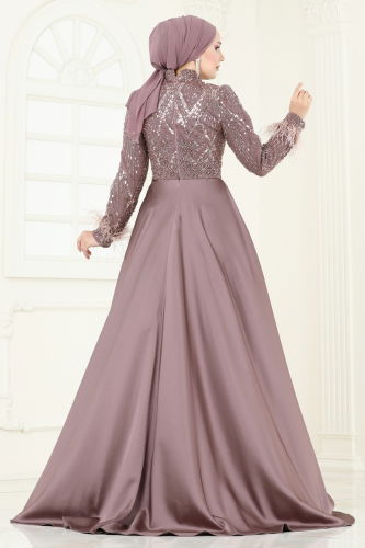 moda selvim SUAL Otriş Detay Tesettür Abiye 5253D170 Pudra Vizyon - Thumbnail