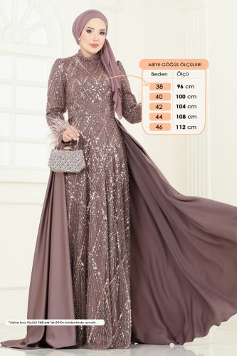 moda selvim SUAL Otriş Detay Tesettür Abiye 5253D170 Pudra Vizyon - Thumbnail
