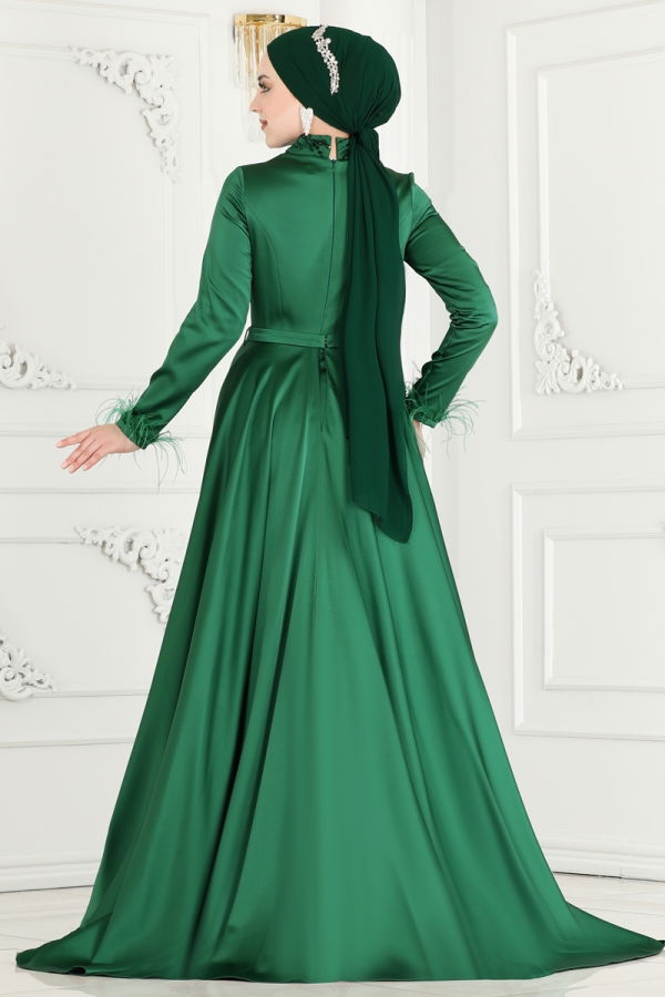 SUAL Otrish Detail Hijab Evening Dress 4622SRH861 Emerald - 6