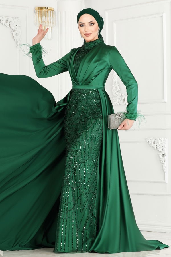 SUAL Otrish Detail Hijab Evening Dress 4622SRH861 Emerald - 2