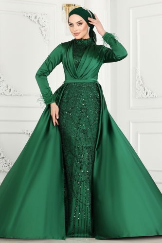 moda selvim SUAL Otrish Detail Hijab Evening Dress 4622SRH861 Emerald - Thumbnail