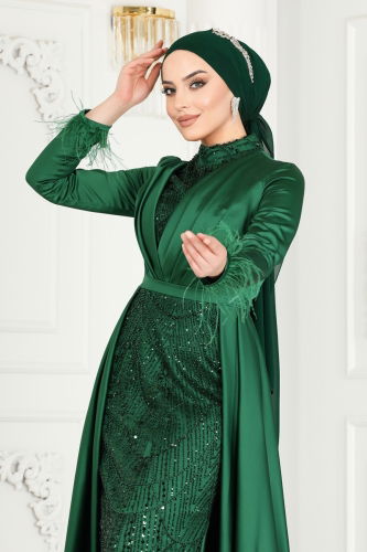 moda selvim SUAL Otrish Detail Hijab Evening Dress 4622SRH861 Emerald - Thumbnail