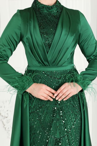 moda selvim SUAL Otrish Detail Hijab Evening Dress 4622SRH861 Emerald - Thumbnail