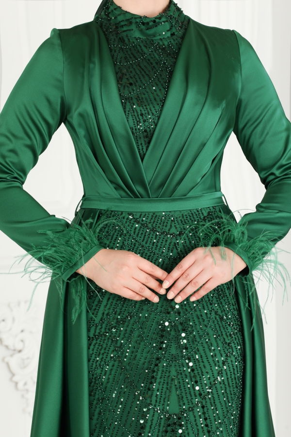 SUAL Otrish Detail Hijab Evening Dress 4622SRH861 Emerald - 5