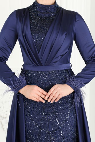 moda selvim SUAL Otrish Detail Hijab Evening Dress 4622SRH861 Navy Blue - Thumbnail