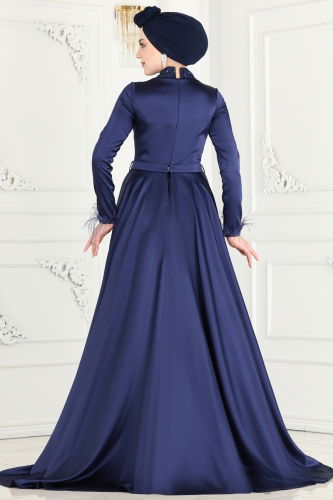 moda selvim SUAL Otrish Detail Hijab Evening Dress 4622SRH861 Navy Blue - Thumbnail