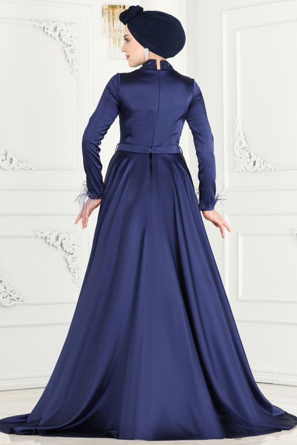 SUAL Otrish Detail Hijab Evening Dress 4622SRH861 Navy Blue - 5