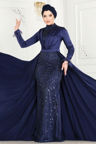 moda selvim SUAL Otrish Detail Hijab Evening Dress 4622SRH861 Navy Blue - Thumbnail