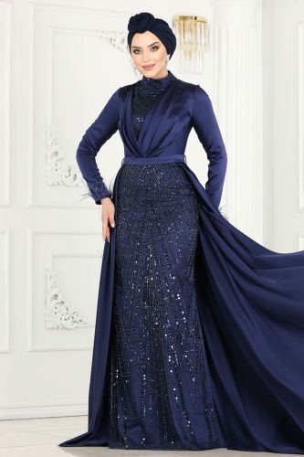 moda selvim SUAL Otrish Detail Hijab Evening Dress 4622SRH861 Navy Blue - Thumbnail