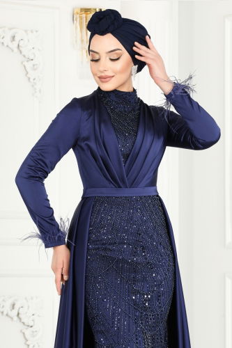 moda selvim SUAL Otrish Detail Hijab Evening Dress 4622SRH861 Navy Blue - Thumbnail