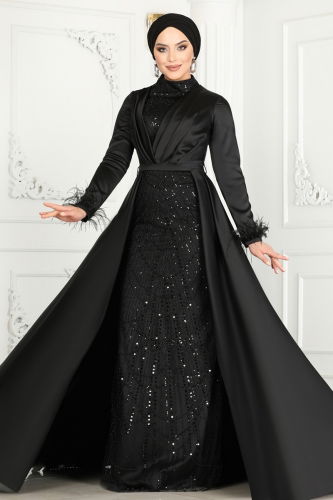 moda selvim SUAL Otrish Detail Hijab Evening Dresses 4622SRH861 Black - Thumbnail