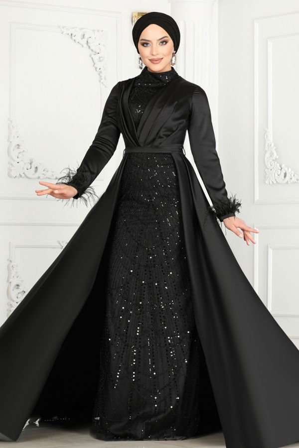 SUAL Otrish Detail Hijab Evening Dresses 4622SRH861 Black - 2